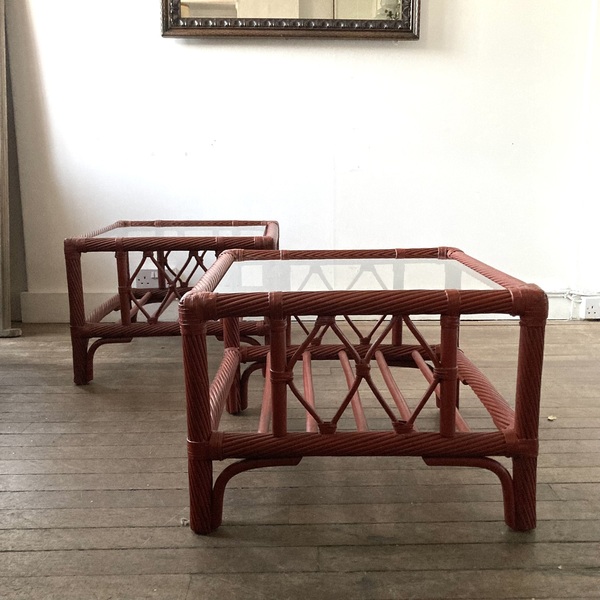 Red Rattan Side Tables, 1970s, Vintage photo for sale