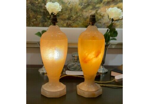 Superb Pair Of Twin Bulb Polished Alabaster Table Lamps