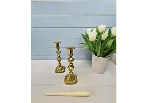 Pair Antique 1850s French Decorative Brass Candlesticks