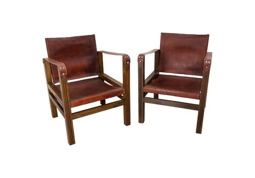 Pair Of Fauteuils Open Armchairs French Leather And Beech Safari Style, C. 1940