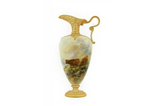 Antique Royal Worcester John Stinton Highland Cattle Vase Ewer
