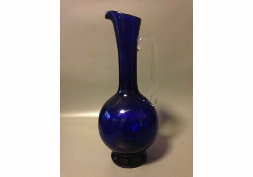 Mid Century Cobalt Blue Art Glass Carafe Water Jug Decanter Applied Handle
