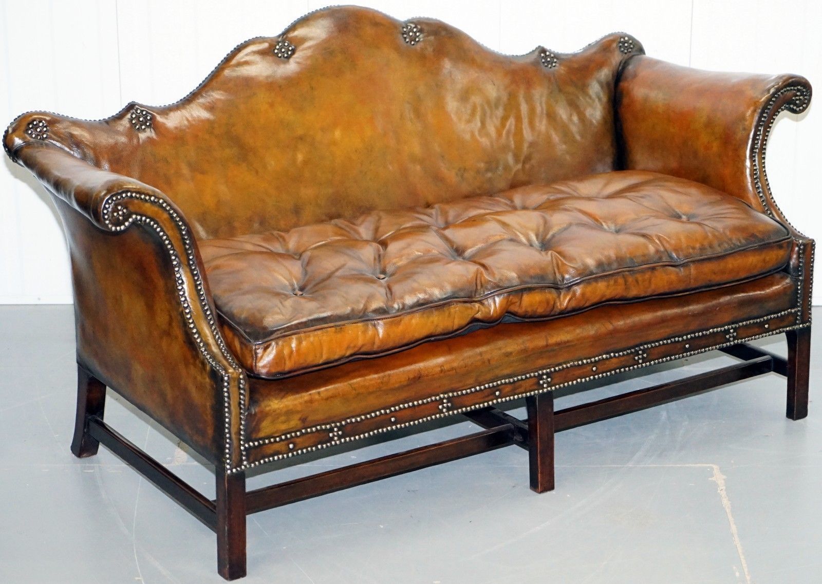 Rare Red Camel Back Chippendale Oned Chesterfield Sofa Brown Leather