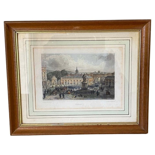 Engraving In Color, Architectural Place In Nancy With Characters, France 18th
