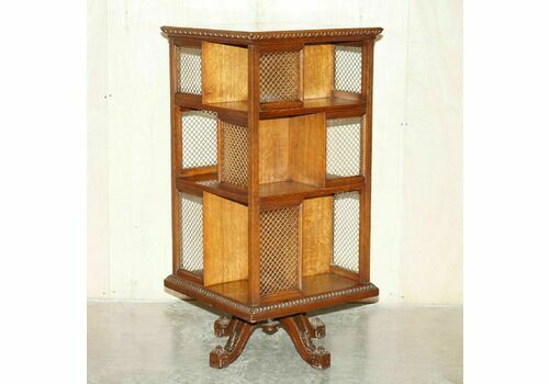 Large Fully Restored Antique Oak & Fret Brass Panel Revolving Bookcase Table