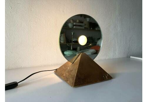 Exclusive Round Glass With Pyramid Wood Base Table Lamp By Gallotti E Radice, 1970s, Italy