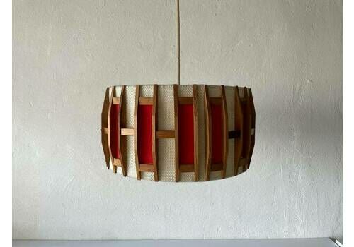 Beautiful Retro Red & Beige Fabric Shade Wood Pendant Lamp, 1960s, Germany