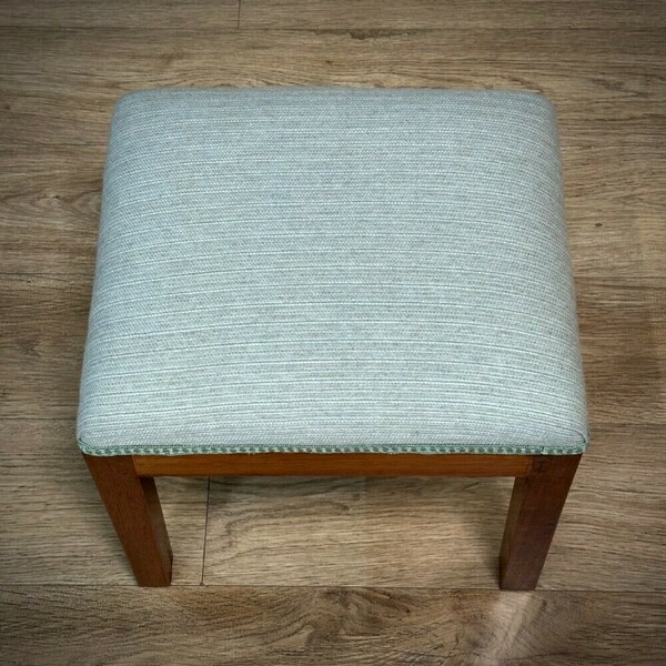 Attractive Vintage Teak Newly Upholstered Stool In A Light Blue Fabric photo Furniture